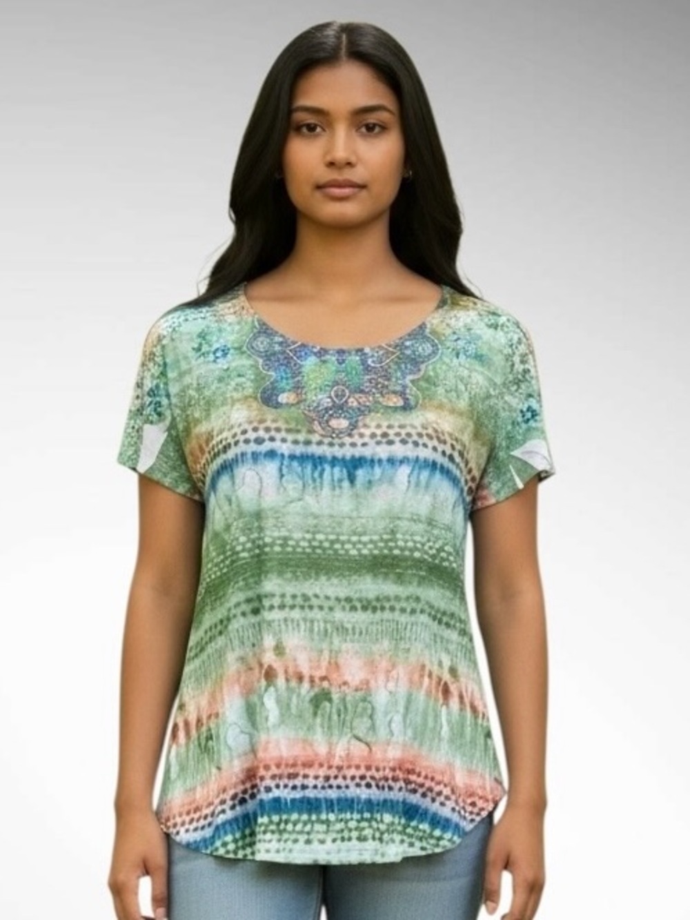 One World Embellished Short-Sleeve Hi-Low Pullover Top